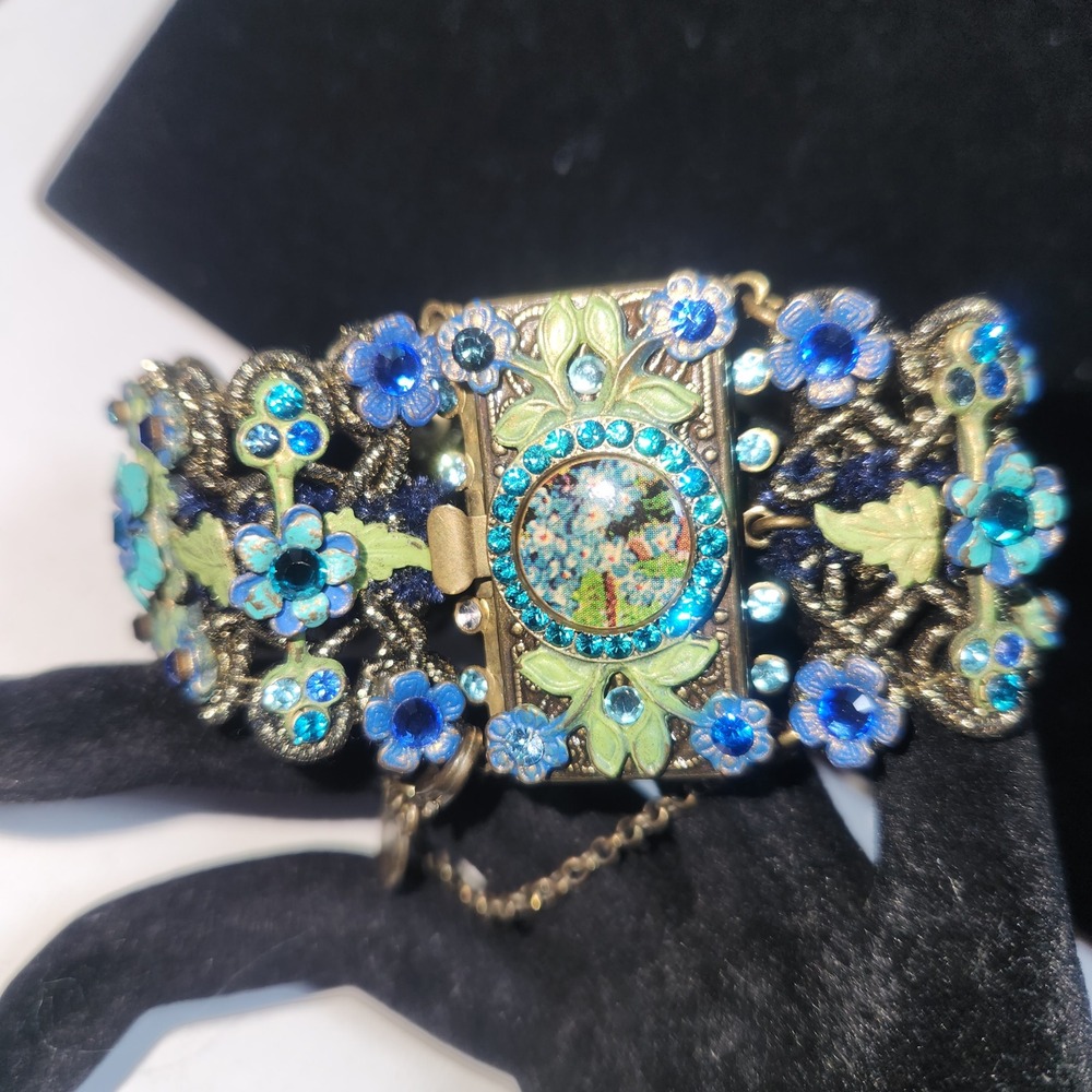 Michal Negrin Blue Green Enamel Crystal Victorian Style Brass Cuff Bracelet